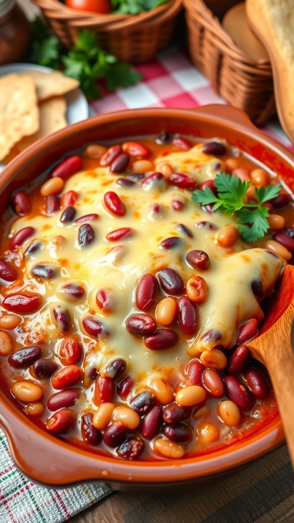 A dish of three bean baked beans in a baking dish, topped with melted cheese and garnished with parsley.